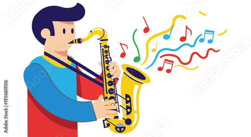 Man playing saxophone with colorful music notes swirling around him, vibrant, illustration, close-up, dynamic scene