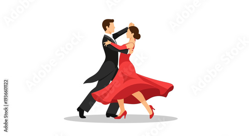 Couple dancing together in elegant attire, performing a graceful waltz in a serene environment, viewed from the side.