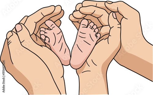 Two hands holding newborn baby feet in a caring manner against a blank background