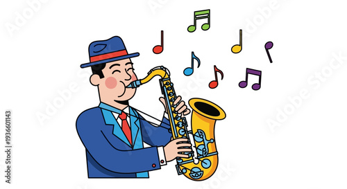 Man playing saxophone surrounded by colorful musical notes in a lively scene of entertainment and joy