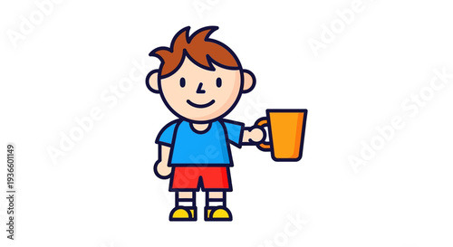 Young boy holding a mug in a casual stance against a plain background