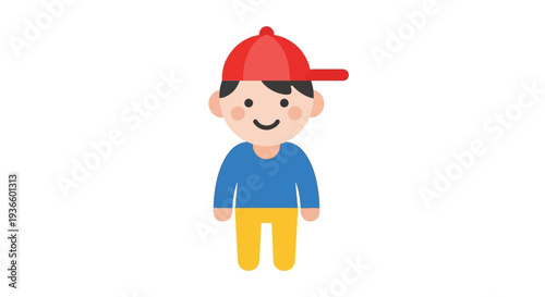Illustration of a smiling boy wearing a red cap and yellow pants standing alone
