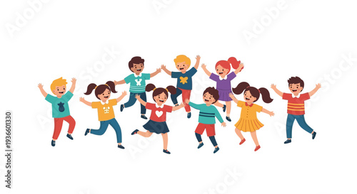Group of diverse children playing together, jumping and running in a joyful scene from a front viewpoint