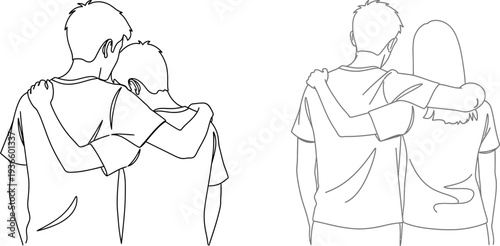 Line drawing of two people hugging each other from behind in different poses