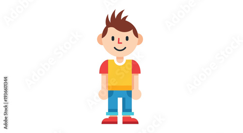 Illustration of a smiling boy standing alone in a minimalist environment from a frontal viewpoint