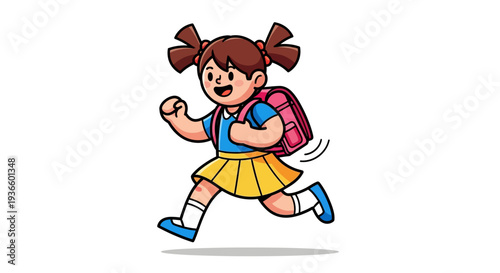 Young girl with pigtails and backpack running energetically on a path, illustration, vibrant colors, dynamic pose, front view