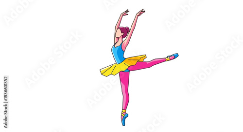 A ballet dancer performs an elegant pose in a vibrant costume with dynamic movement and colorful attire