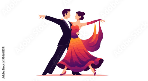 Couple dancing together in elegant attire, performing a graceful waltz in a beautiful ballroom scene