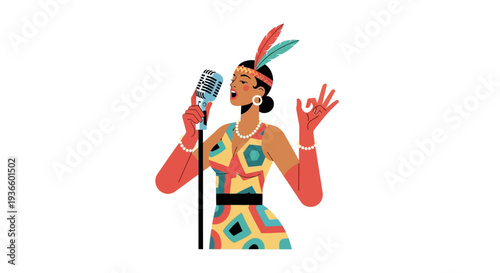 Vibrant Woman with Feathered Headband Sings into Microphone, Wearing Colorful Outfit and Accessories