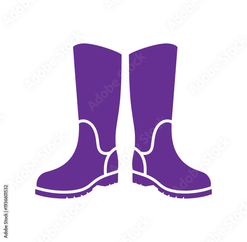 Purple rain boots with white trim on plain white background