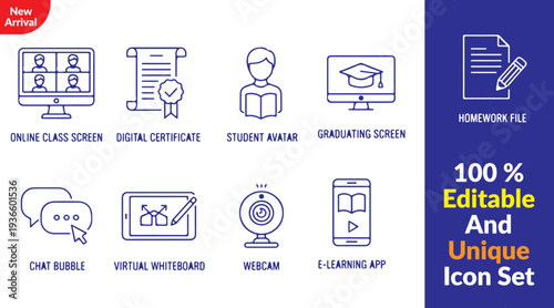 online class screen, digital certificate, student avatar, virtual whiteboard, chat bubble, webcam camera, e-learning app, homework file, graduation cap screen