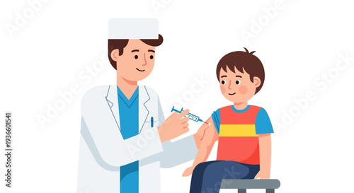 A doctor in white coat administering a vaccine to a young boy sitting on a chair