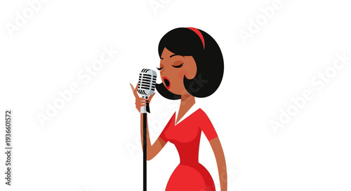 Woman singing into vintage microphone, illustration of female vocalist performing music, cartoon style character in red dress