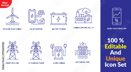 offshore wind turbine, solar inverter unit, battery storage system, smart grid tower, EV charging hub, geothermal plant pipe, hydro turbine wheel, energy monitoring app, carbon capture facility.