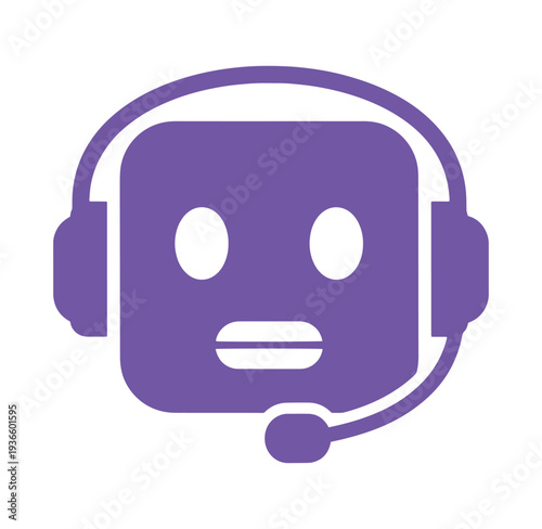 Purple robot face with headset and microphone for customer service or support