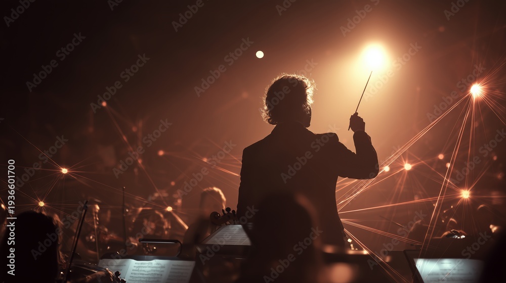 Fototapeta premium Conductor leads digital symphony with data points in dark auditorium setting while instruments shine under spotlight