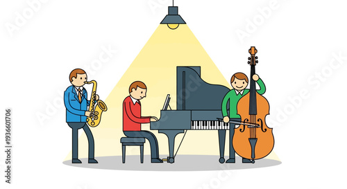 Musicians playing piano, saxophone, and cello together in a studio with a spotlight shining down