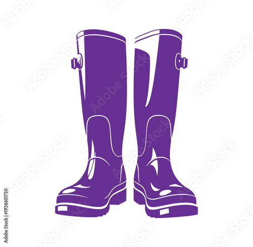 Purple rubber rain boots with buckle and white outline