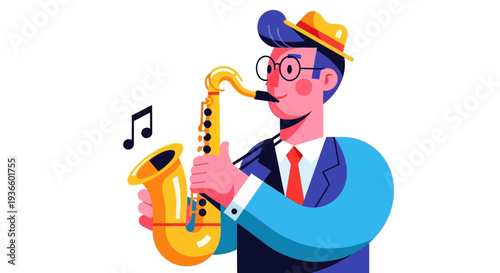Man Playing Saxophone with Energetic Expression and Vibrant Attire