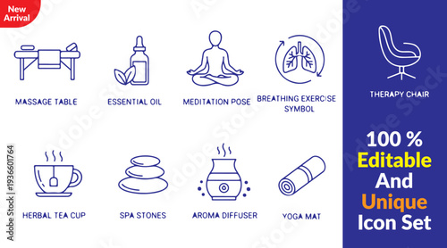 massage table, essential oil bottle, meditation pose, herbal tea cup, spa stone stack, aroma diffuser, yoga mat, therapy session chair, breathing exercise icon