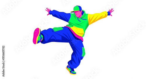 Vibrant dancer in mid-air, showcasing energetic movement and colorful attire against a clean backdrop in a dynamic illustration