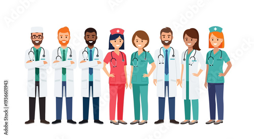Diverse medical professionals standing together in a line, showcasing unity and teamwork in healthcare
