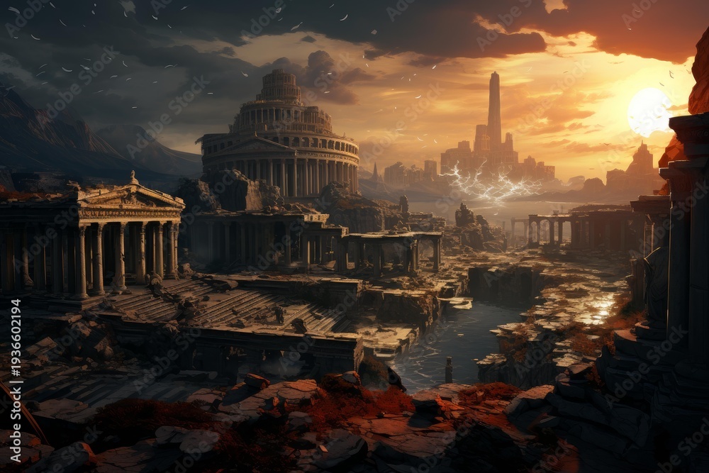 Obraz premium Apocalyptic landscape with ancient ruins and a futuristic city under a dramatic lightning sunset