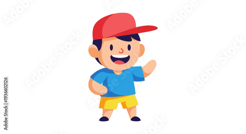 Photos A young boy wearing a red cap and yellow shorts waving in a graphic illustration