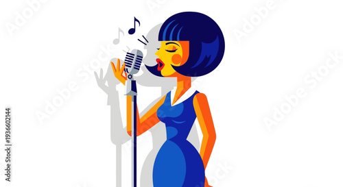 Woman singing into a microphone with musical notes and silhouette