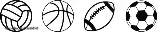 Sports ball icon set including volleyball, basketball, American football and soccer ball symbols in minimal outline vector design collection