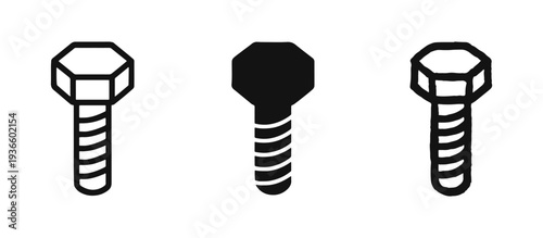Hex Bolt Icon Set, Industrial Fastener, and Mechanical Hardware Symbols