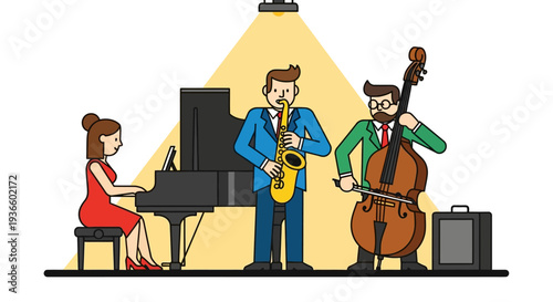 Musicians performing jazz music on stage with piano, saxophone, and cello in a lively setting