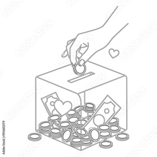 Hand putting coin into donation box with money and heart charity