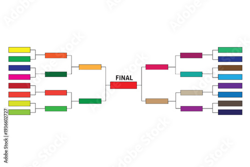 A clean vector diagram showing many bracket boxes of a tournament progressing step by step toward the final round in an organized competition layout.