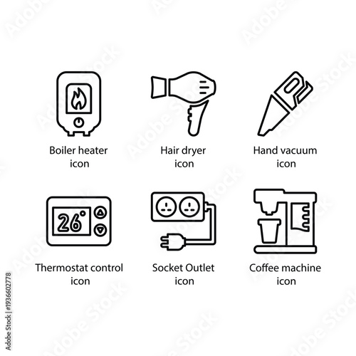 Boiler heater, Hair dryer, Hand vacuum, Thermostat control, Socket Outlet, Coffee machine, icon