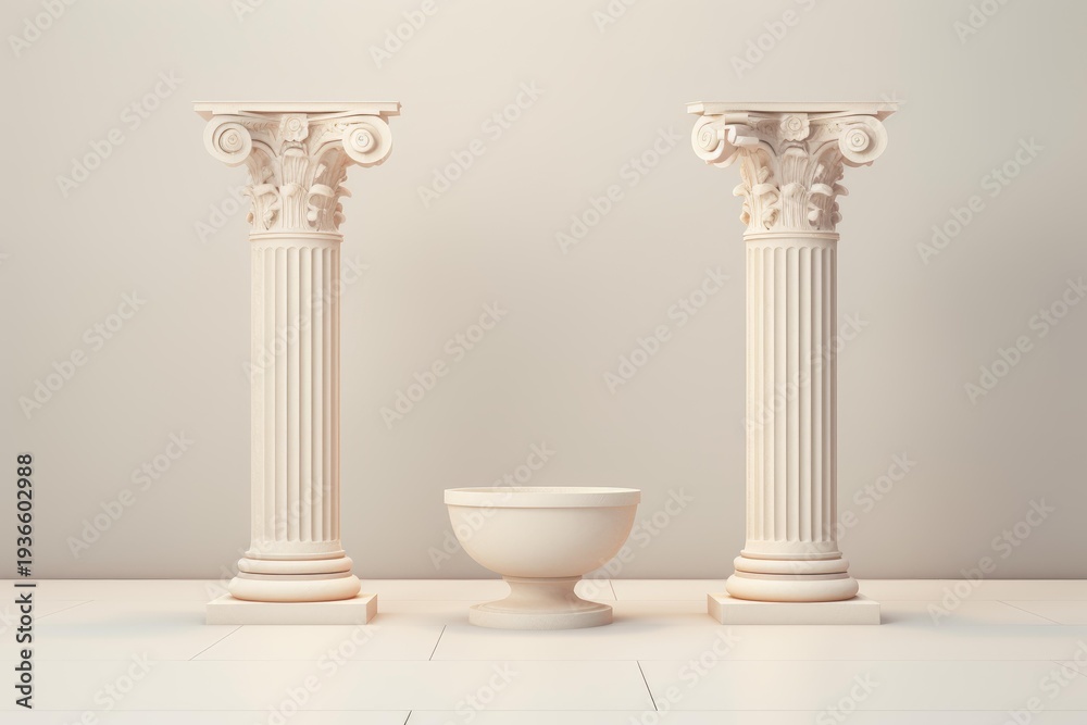 Fototapeta premium Two classical columns and a minimalist urn creating a sophisticated display