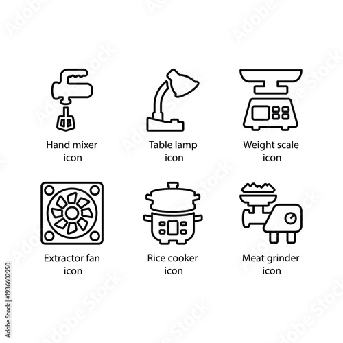 Hand mixer, Table lamp, Weight scale, Extractor fan, Rice cooker, Meat grinder, icon