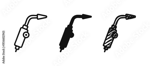 Welding torch icon set with outline, glyph, and hand-drawn doodle styles for industrial tools