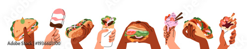 Hands with fast food set. People hold fastfood: burger, hot dog, sandwich, ice cream, shawarma and wafer. Tasty eating, desserts and snacks. Flat isolated vector illustrations on white background