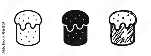 Easter cake icon set with outline, glyph, and hand-drawn doodle styles for holiday celebration