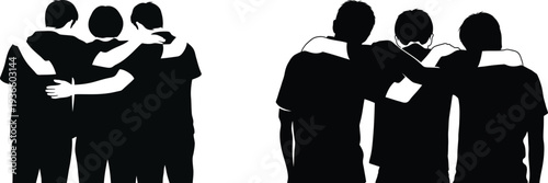 Silhouette of two groups of three people standing with arms around each other from behind