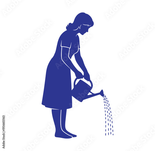 woman in blue silhouette watering plants with a watering can