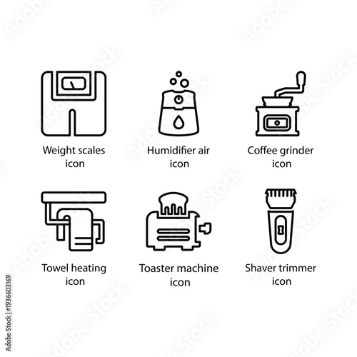 Weight scales, Humidifier air, Coffee grinder, Towel heating, Toaster machine, Shaver trimmer, icon