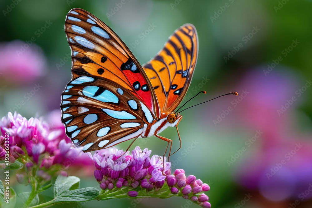 Fototapeta premium Vibrant Butterfly on Purple Flowers in Nature