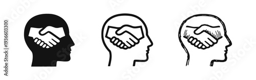 Head with handshake icon symbolizing agreement, partnership, trust, or business deal concept.