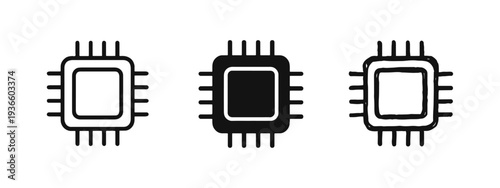 Computer processor icon set with outline, glyph, and hand-drawn doodle styles for technology