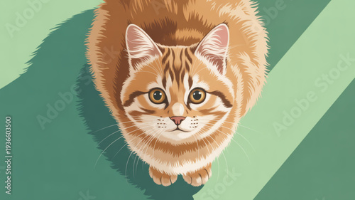Vibrant orange tabby cat with green eyes looking up on green background