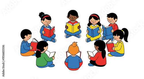 Children gathered in a circle reading books together, an illustration of friends sharing a moment of literacy and camaraderie.