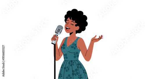 Vibrant cartoon woman singing into vintage microphone with expressive gesture