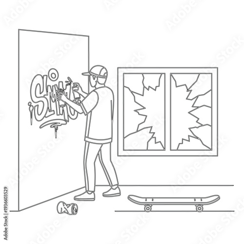 Man spray painting graffiti on wall with skateboard and broken windows